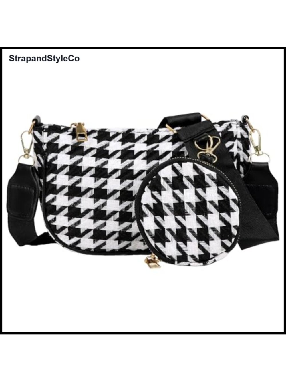 Houndstooth Crossbody Bag with Detachable Pouch & Wide Adjustable Strap